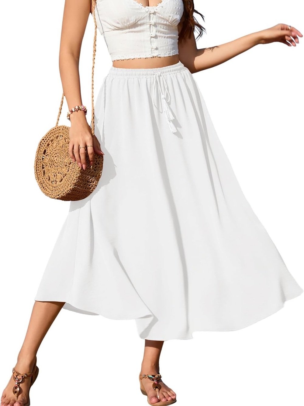 zeagoo White Flowy Maxi Skirt with Elastic Drawstring Waist